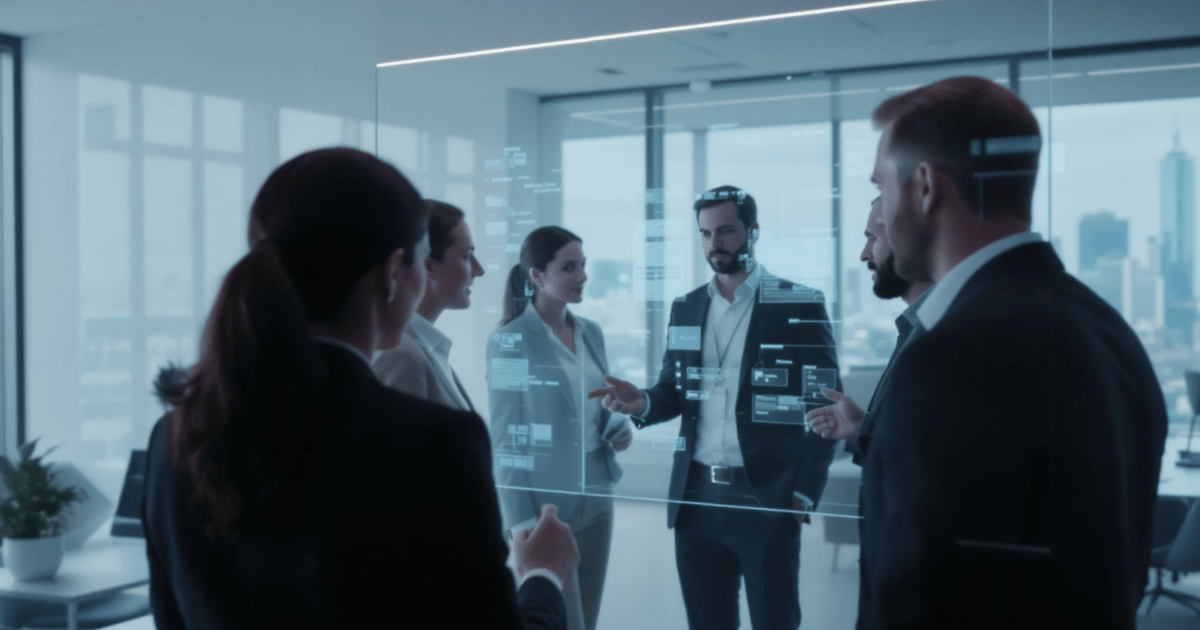 צוות מנהלים מתכנן פרויקט עם לוח משימות דיגיטלי בעזרת בינה מלאכותית